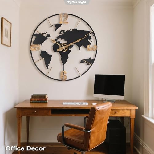 Pytha Sight 20 Inch Large World Map Vintage Gold Roman Numerals Wall Clock - Image 7
