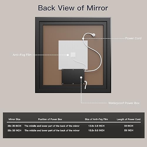 ISKM 40x38 Framed LED Bathroom Mirror, Dimmable Front & Backlit - Image 6
