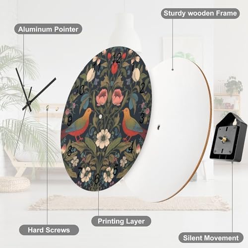 William Morris Wall Clock, Vintage Art Rustic Floral Botanical Bird Round - Image 7