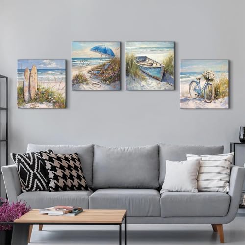 Coastal Beach Canvas Wall Art Blue Seaside Flower Landscape Wall Decor - Image 6