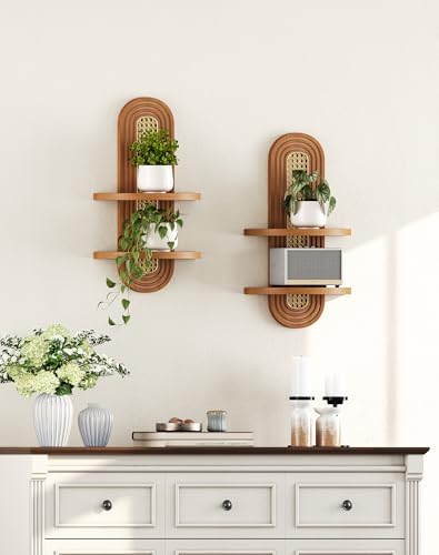 Floating Shelves for Wall, Boho Home Wall Decor, 2-Tier Rattan Plant Shelf - Image 6