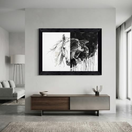 Framed Canvas Wall Art Mixed Media Stallion Falcon Portrait Monochrome Charcoal - Image 7