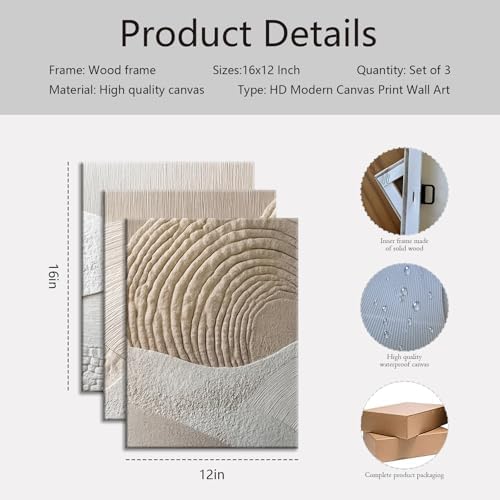 Neutral Abstract Wall Art Set of 3, Minimalist Textured Canvas Decor - Image 7