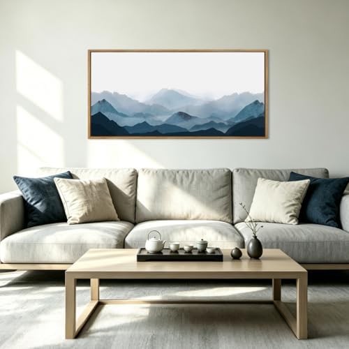 Blue Framed Mountain Landscape Wall Art Fog Mountain Painting Wall Decor - Image 7