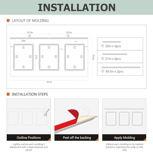 Peel and Stick Wainscoting Panels, 3 Set 20"x27" Wall Molding + 2pcs Chair Rail - Image 6