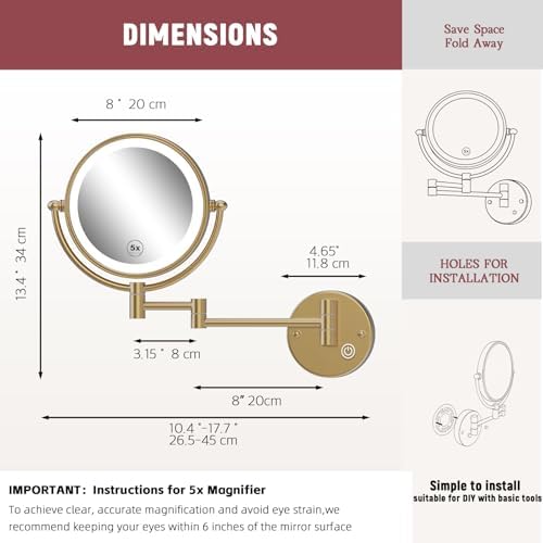 8" Rechargeable Brass 1X/5X Makeup Magnifying Mirror Wall Mount - Image 6