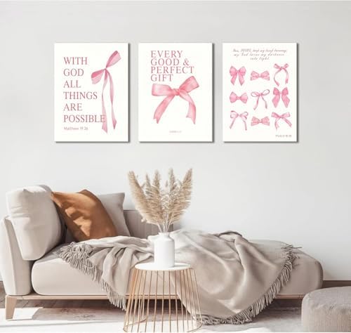 3 Pcs Coquette Pink Bow Canvas Wall Art Inspirational Bible Verses Bow Posters - Image 7