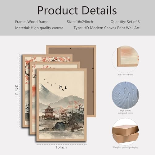 Japanese Sakura Wall Art Set of 3, Mountain Landscape Canvas Prints - Image 7