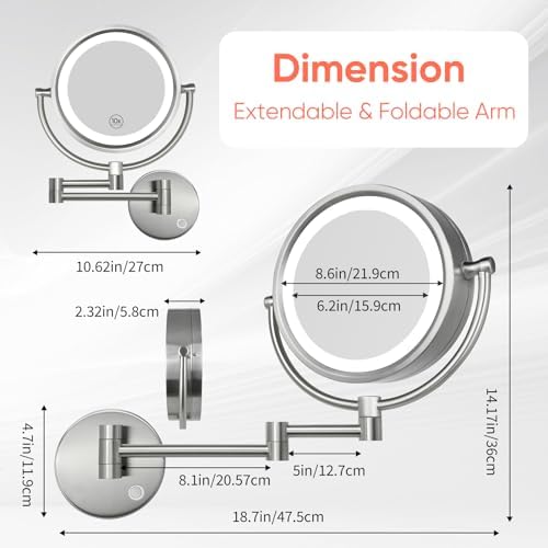 GURUN Hardwired LED Makeup Mirror Wall Mount Extendable Touch Brushed Nickel 10x - Image 6