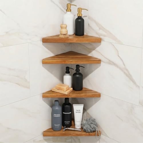 ENKEZI Acacia 2, 4 Tiers Corner Shower Shelf, Triangular Corner Shelf Wooden - Image 7