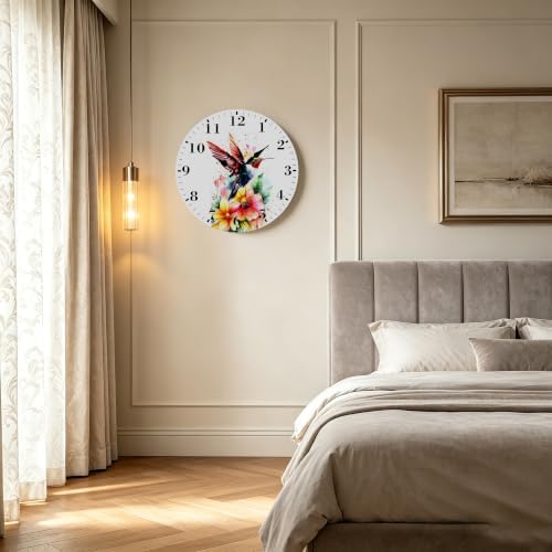 12" Silent Wall Clock, Round Wall Clock, Watercolor Hummingbird Flower - Image 6