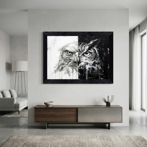 Framed Canvas Wall Art Monochrome Mixed Media Eagle and Owl Gritty Ink Wash - Image 7