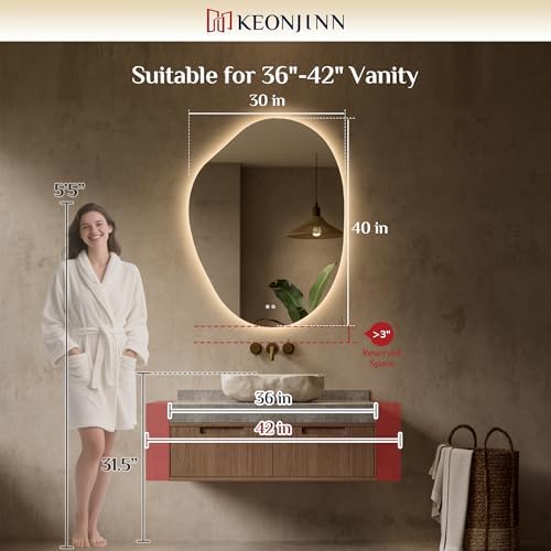 Keonjinn Asymmetrical LED Bathroom Mirror 30 x 40 Inch, HD Tempered Glass - Image 6