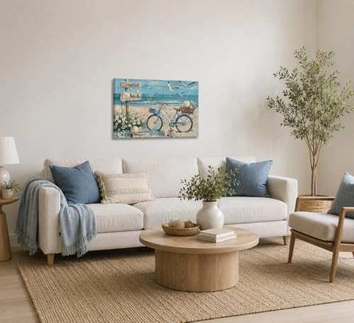 Birnsen Coastal Beach Bicycle Canvas Wall Art Seagull Seashell Daisies Picture - Image 7