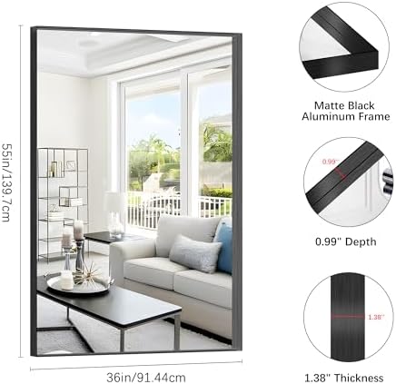 Black Bathroom Mirror, 36x55 Inch Rectangular Deep Frame Mirror, Large Wall - Image 6
