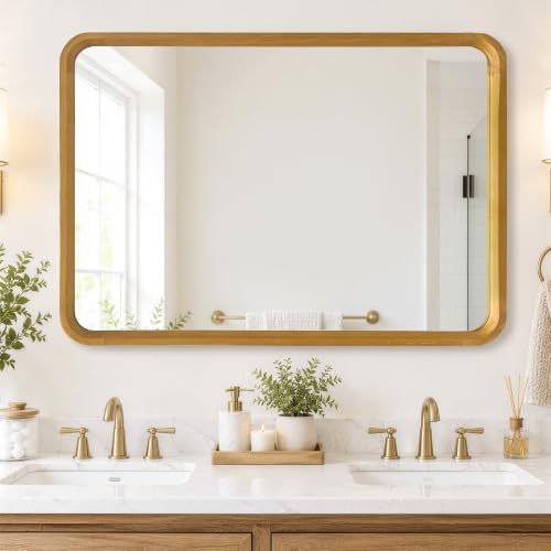 Wood Bathroom Mirror for Wall Rectangle Natural 30 x 40 Inch - Image 7