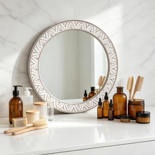 20" Round Rustic Mirror Wooden Frame Circle Mirrors, Distressed Wall Mounted - Image 6