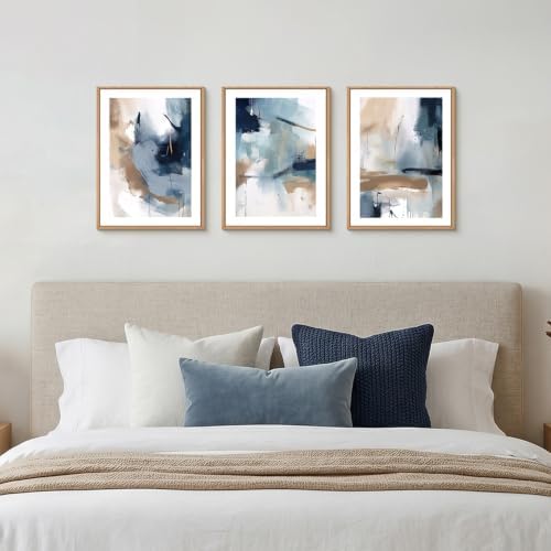 LHIUEM Abstract Navy Blue Framed Canvas Wall Art, Neutral Brush Stroke Wall - Image 6