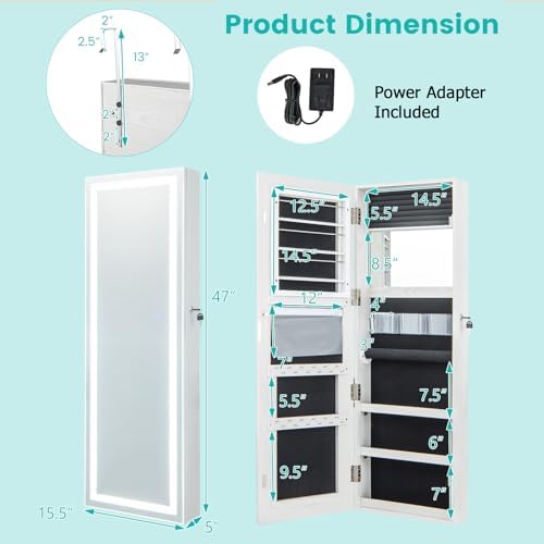 CHARMAID LED Mirror Jewelry Cabinet, 47.2'' Jewelry Armoire - Image 7