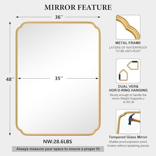Ferytange 36 x 48 Inch Gold Bathroom Vanity Mirror - Image 6