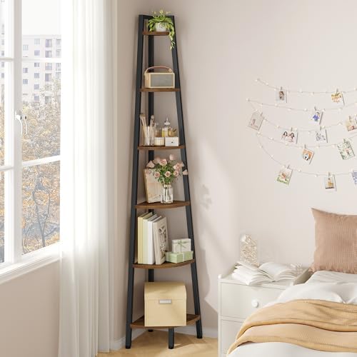 Hoctieon Corner Shelf, 6-Tier Corner Bookshelf, Rustic Ladder Shelf, Industrial - Image 6