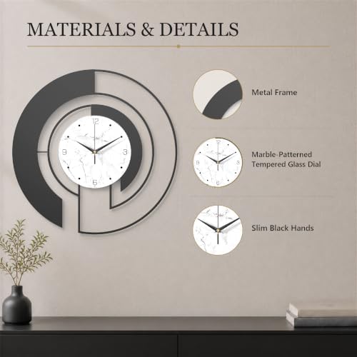 18-Inch Modern Black Metal Wall Clock, Marble Patterned Glass Dial - Image 6