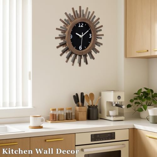 Honiway 12 Inch Wall Clock, Battery Operated, Rustic Wood Boho Sunburst - Image 7
