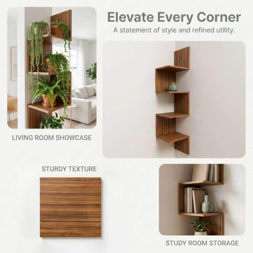 Premium Bamboo Floating Corner 4-Tier, Corner Shelf Wall, 7.8"Lx7.8"Wx40.1H - Image 6
