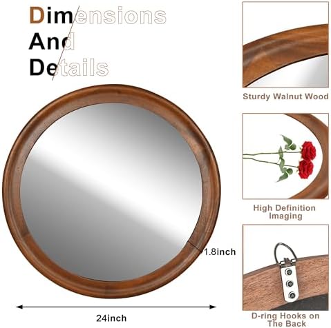 CULER Round Wall Mirrors 24 Inch, Wood Mirror - Image 7