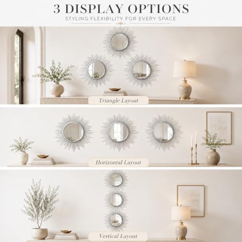 Silver Sunburst Mirror Set of 3, Starburst Accent Mirror Wall Decor - Image 7