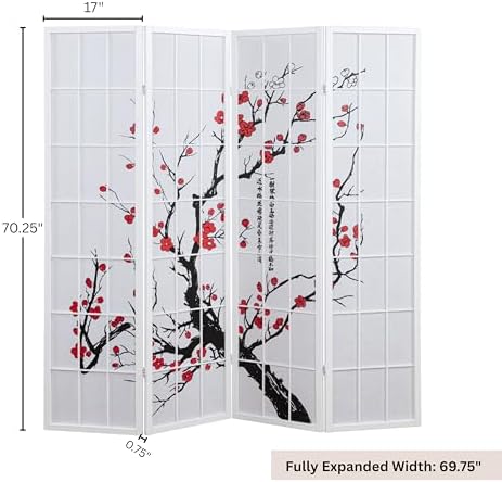 Roundhill Furniture White Japanese 4-Panel Screen Room Divider, Plum Blossom - Image 6