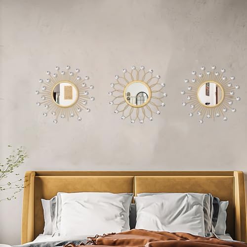 3 Pack Metal Mirrors for Wall Sunburst Wall Mirror Gold Crystal Wall Art - Image 7