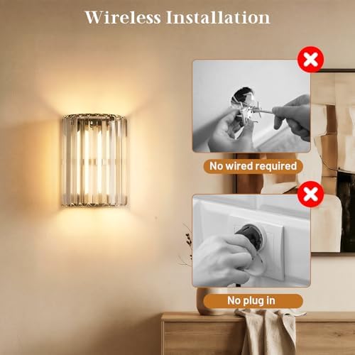 Black Battery Operated Wall Sconces Set of Two, Crystal Wireless Wall Light - Image 7