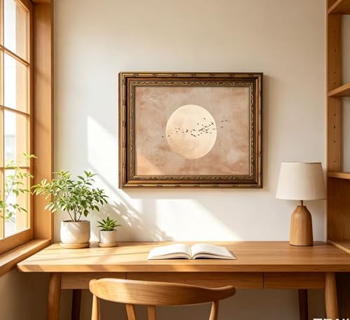Vintage Gold Framed Minimalist Moon and Birds in Flight Wall Art, Neutral Beige - Image 7