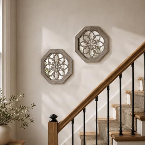 2 Pack 12 Inch Octagon Brown Rustic Wood Frame Acrylic Wall Mirrors, Farmhouse - Image 6
