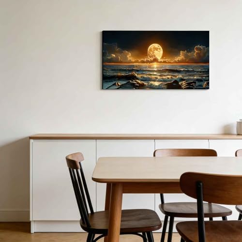Giant Full Moon Ocean Night Canvas Wall Art Large Gilded Waves Landscape Decor - Image 7