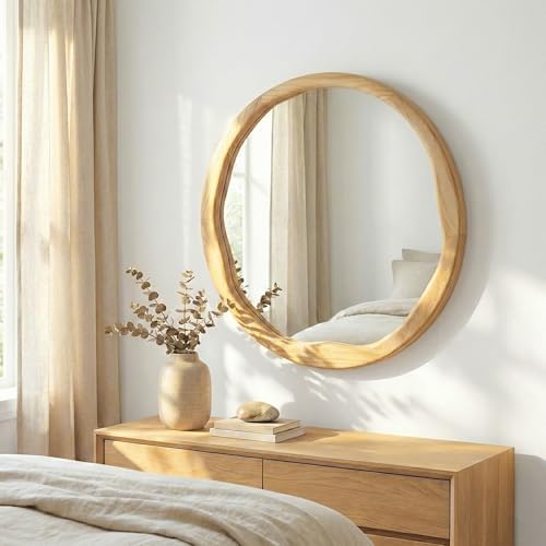 Natural Wood 24 Inch Round Wall Mirror, Asymmetrical Inner Edge - Image 6