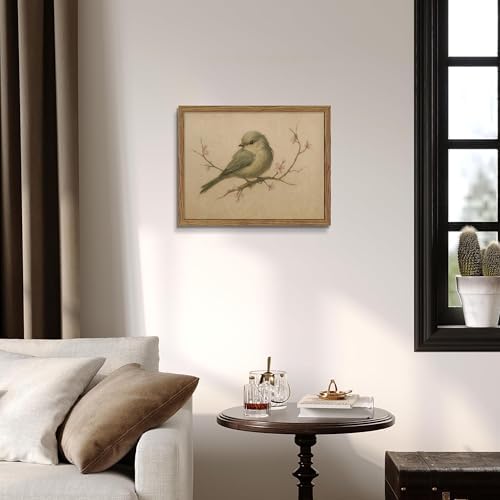 Framed Vintage Bird Canvas Wall Art, Cute Rustic Bird on Peach Blossom Print - Image 7
