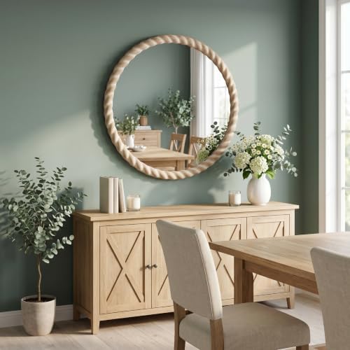 24"x24" Round Solid Wood Farmhouse Decorative Wall Mirror - Image 6