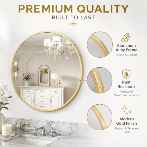 Garvee 36 Inch Round Wall Mirror Gold Metal Frame Circle Mirror Bathroom Decor - Image 6