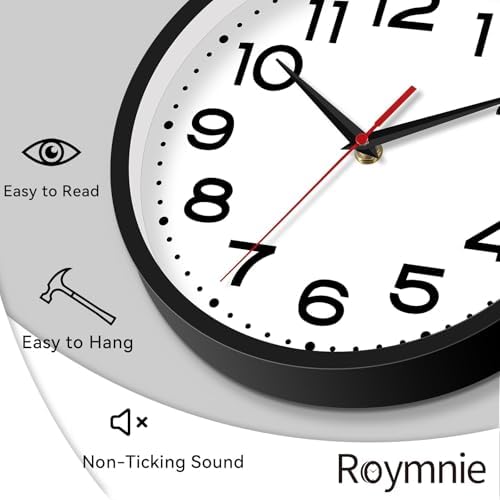 Roymnie 18 Inch Wall Clock, Battery Operated Silent Non Ticking Black - Image 7