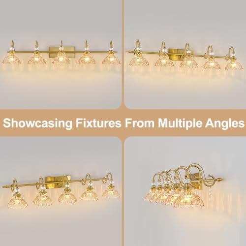 Vintage Bathroom Vanity Light, 5-Light Brushed Gold Finish Wall Sconce - Image 7