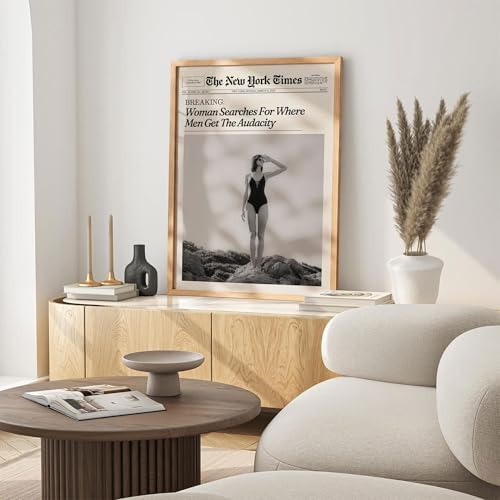 Trendy NewsPaper Wall Art 12x18in Wood Grain Frame Woman Searches - Image 7