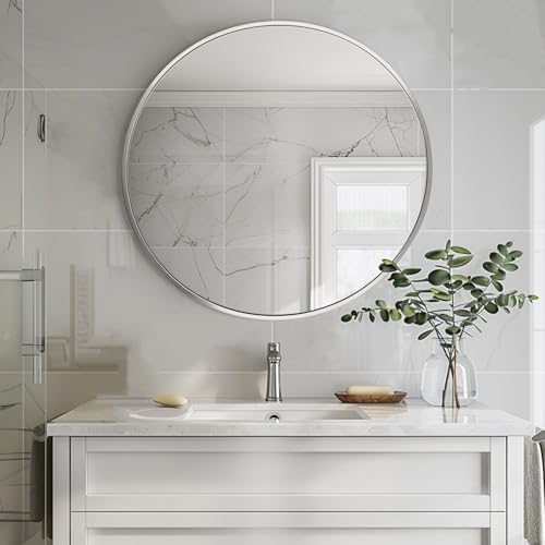 Sunniry Round Mirror 22 inch, Nickel Bathroom Mirror, Brushed Metal Frame - Image 6