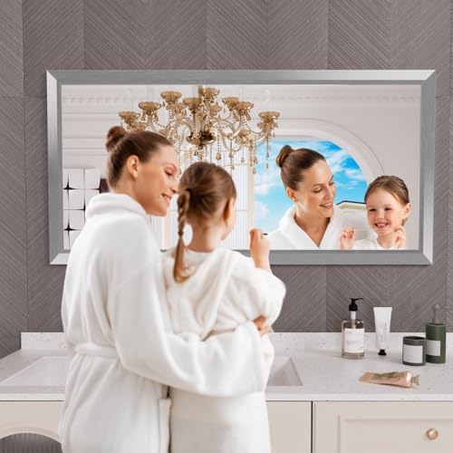 Amorho Bathroom Mirror for Wall 60x30 Inch, Brushed Silver Metal Framed - Image 6