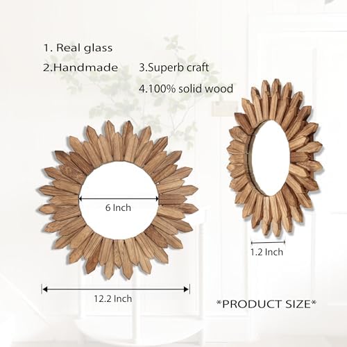 LOSOUR 2 Pack Boho Wall Decor Sunburst Mirror 12 inch Rustic Round Wood Mirror - Image 6