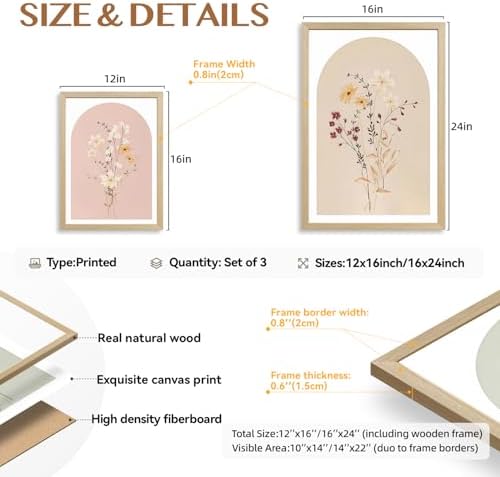 LERVR Wood Framed Botanical Wall Art Set of 3, Vintage Wildflower Canvas Print - Image 7