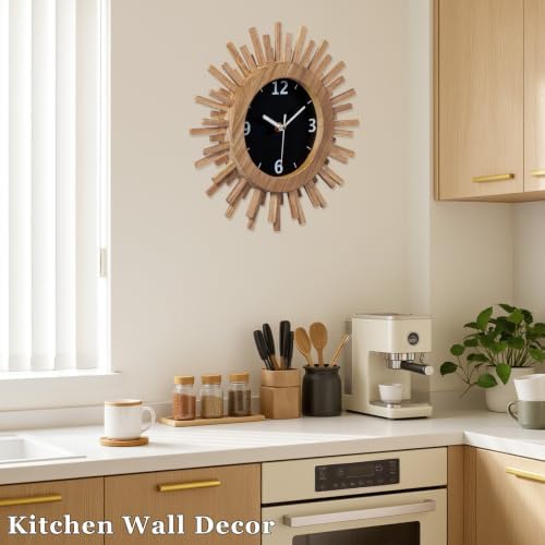 Honiway 12 Inch Wall Clock, Battery Operated, Rustic Wood Boho Sunburst - Image 7