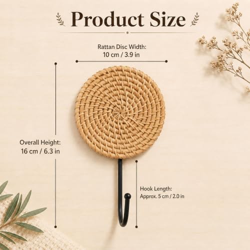 Large Decorative Wall Hooks 2 Pack Woven Rattan Boho Coat Hooks - Image 6