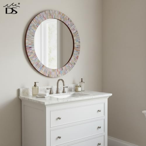 24" Round Rainbow Mosaic Wall Mirror, Bohemian Decorative Accent Mirror - Image 6